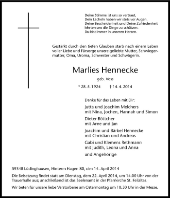 Todesanzeige von Hennecke Marlies von Westfälische Nachrichten