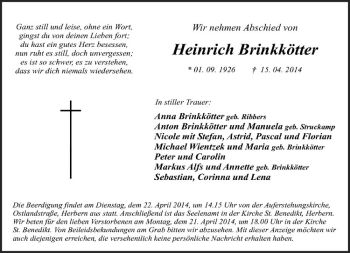 Todesanzeige von Heinrich Brinkkötter von Westfälische Nachrichten