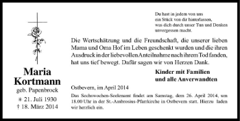 Todesanzeige von Maria Kortmann von Westfälische Nachrichten