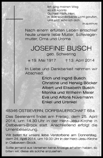 Todesanzeige von Josefine Busch von Westfälische Nachrichten