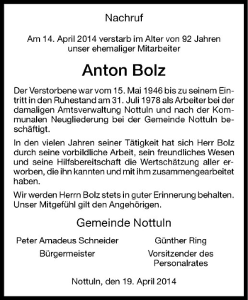 Todesanzeige von Anton Bolz von Westfälische Nachrichten