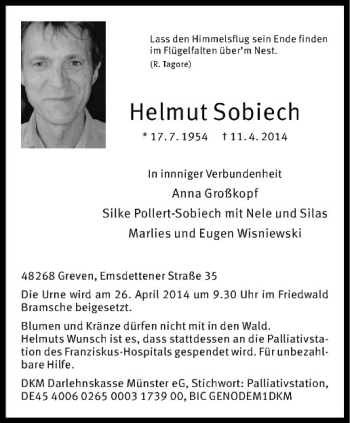 Todesanzeige von Helmut Sobiech von Westfälische Nachrichten