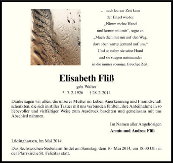 Todesanzeige von Elisabeth Fliß von Westfälische Nachrichten