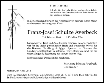 Todesanzeige von Franz-Josef Schulze Averbeck von Westfälische Nachrichten