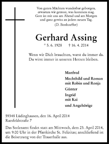 Todesanzeige von Gerhard Assing von Westfälische Nachrichten