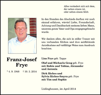 Todesanzeige von Franz-Josef Frye von Westfälische Nachrichten