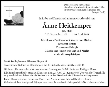 Todesanzeige von Änne Heitkemper von Westfälische Nachrichten