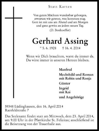 Todesanzeige von Gerhard Assing von Westfälische Nachrichten