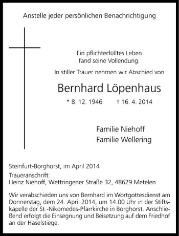 Todesanzeige von Bernhard Löpenhaus von Westfälische Nachrichten