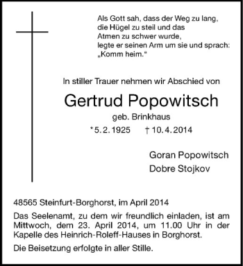 Todesanzeige von Gertrud Popowitsch von Westfälische Nachrichten