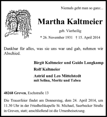 Todesanzeige von Martha Kaltmeier von Westfälische Nachrichten