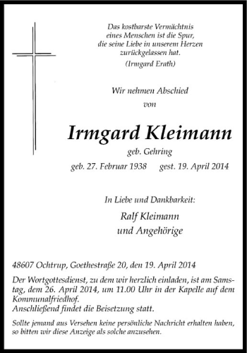 Todesanzeige von Irmgard Kleimann von Westfälische Nachrichten
