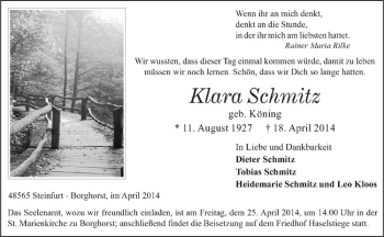 Todesanzeige von Klara Schmitz von Westfälische Nachrichten