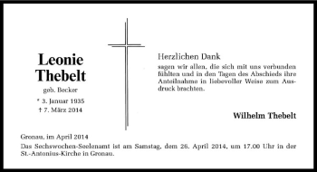 Todesanzeige von Leonie Thebelt von Westfälische Nachrichten