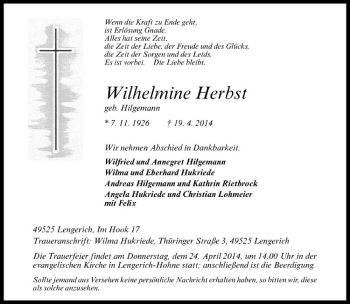 Todesanzeige von Wilhelmine Herbst von Westfälische Nachrichten