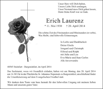 Todesanzeige von Erich Laurenz von Westfälische Nachrichten