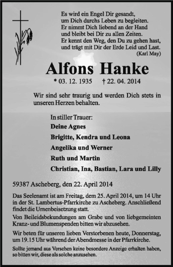 Todesanzeige von Alfons Hanke von Westfälische Nachrichten