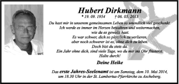 Todesanzeige von Hubert Dirkmann von Westfälische Nachrichten