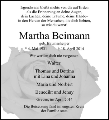 Todesanzeige von Martha Beimann von Westfälische Nachrichten