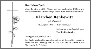 Todesanzeige von Klärchen Renkewitz von Westfälische Nachrichten