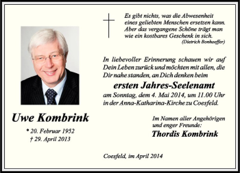 Todesanzeige von Uwe Kombrink von Westfälische Nachrichten
