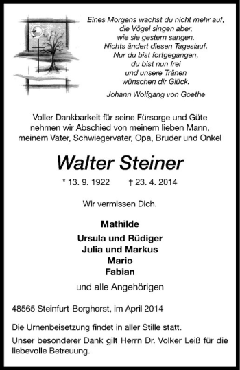 Todesanzeige von Walter Steiner von Westfälische Nachrichten
