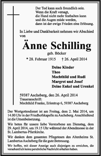 Todesanzeige von Änne Schilling von Westfälische Nachrichten
