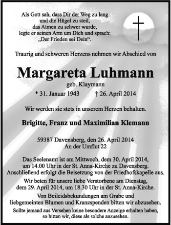 Todesanzeige von Margareta Luhmann von Westfälische Nachrichten