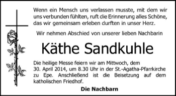Todesanzeige von Käthe Sandkuhle von Westfälische Nachrichten