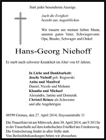 Todesanzeige von Hans-Georg Niehoff von Westfälische Nachrichten