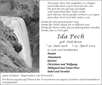 Todesanzeige von Ida Pech von Westfälische Nachrichten