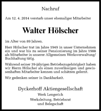 Todesanzeige von Walter Hölscher von Westfälische Nachrichten