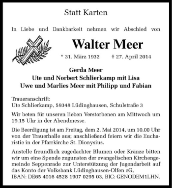 Todesanzeige von Walter Meer von Westfälische Nachrichten