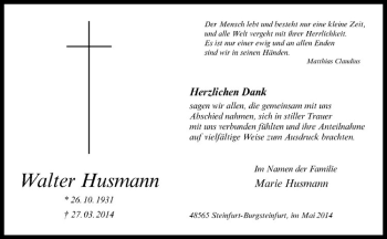 Todesanzeige von Walter Husmann von Westfälische Nachrichten