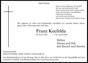 Todesanzeige von Franz Kocfelda von Westfälische Nachrichten