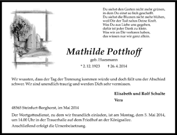 Todesanzeige von Mathilde Potthoff von Westfälische Nachrichten
