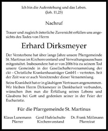 Todesanzeige von Erhard Dirksmeyer von Westfälische Nachrichten