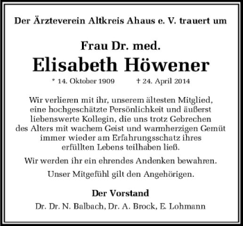 Todesanzeige von Elisabeth Höwener von Westfälische Nachrichten