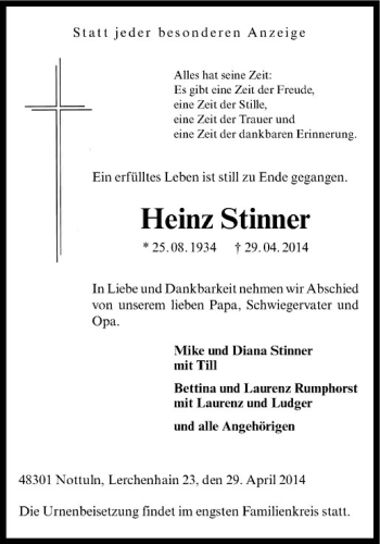 Todesanzeige von Heinz Stinner von Westfälische Nachrichten