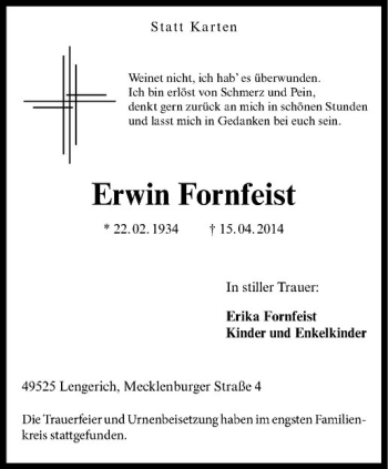 Todesanzeige von Erwin Fornfeist von Westfälische Nachrichten