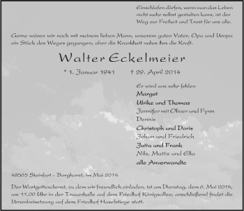 Todesanzeige von Walter Eckelmeier von Westfälische Nachrichten
