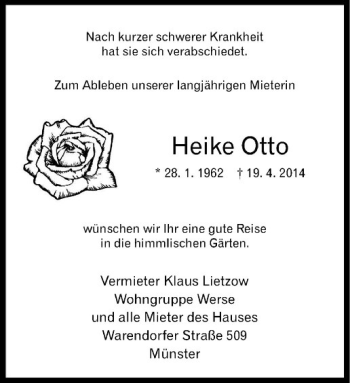 Todesanzeige von Heike Otto von Westfälische Nachrichten
