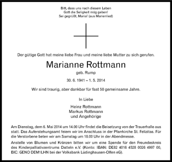 Todesanzeige von Marianne Rottmann von Westfälische Nachrichten