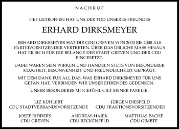 Todesanzeige von Erhard Dirksmeyer von Westfälische Nachrichten