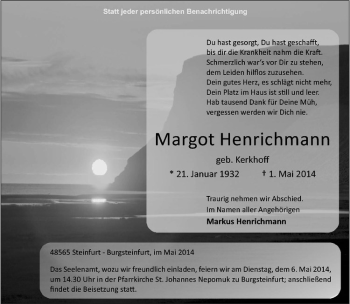 Todesanzeige von Margot Henrichmann von Westfälische Nachrichten