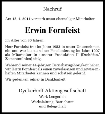 Todesanzeige von Erwin Fornfeist von Westfälische Nachrichten
