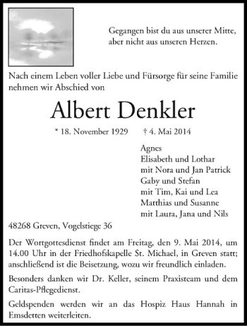 Todesanzeige von Albert Denkler von Westfälische Nachrichten
