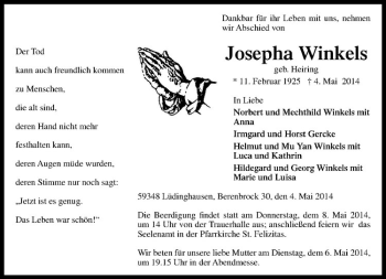 Todesanzeige von Josepha Winkels von Westfälische Nachrichten