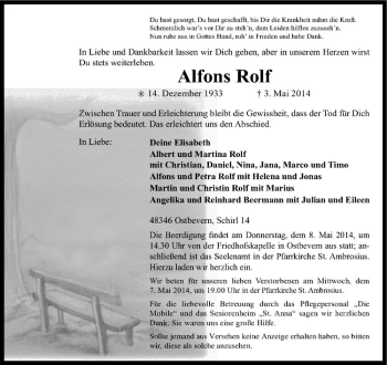 Todesanzeige von Alfons Rolf von Westfälische Nachrichten