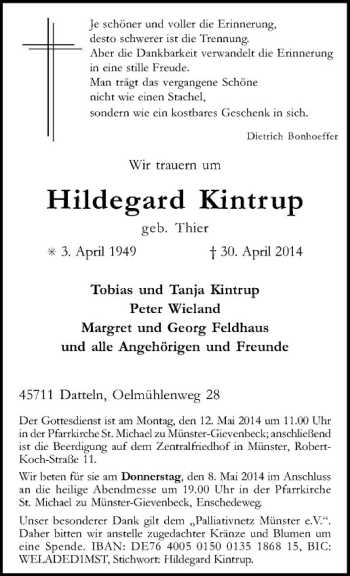 Todesanzeige von Hildegard Kintrup von Westfälische Nachrichten